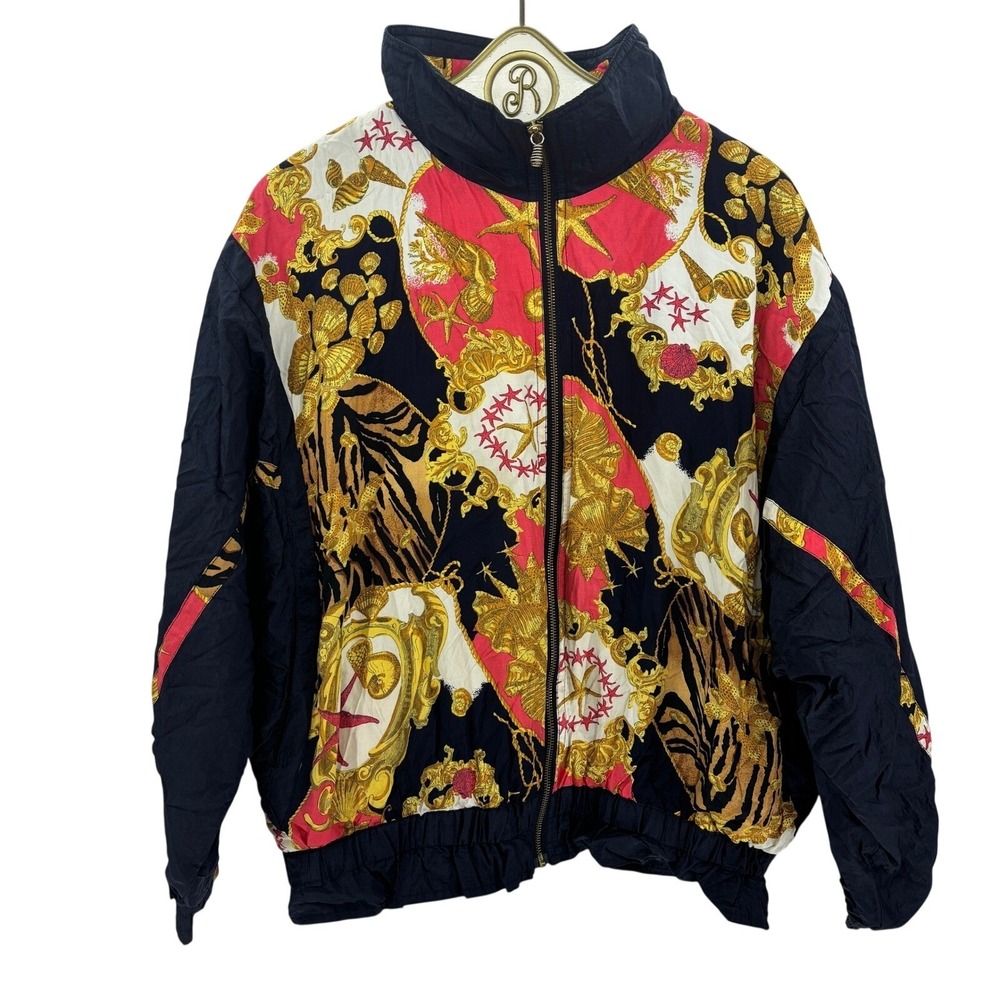Vintage 90s Windbreaker Jacket Navy Gold Baroque Nautical Retro Womens Medium